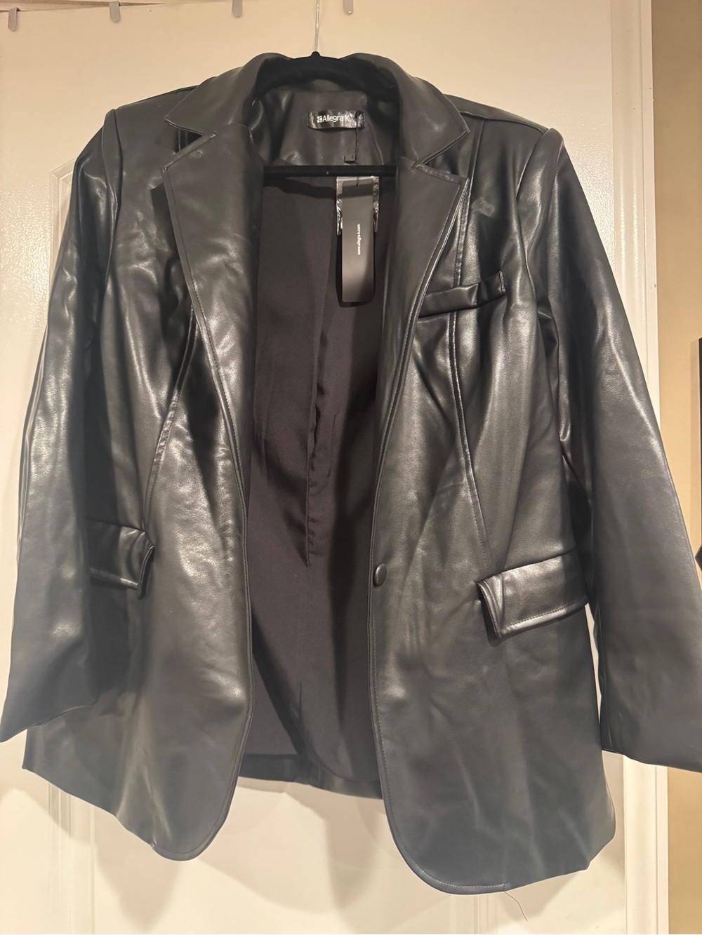 Allegra K Black Faux Leather Blazer Jacket